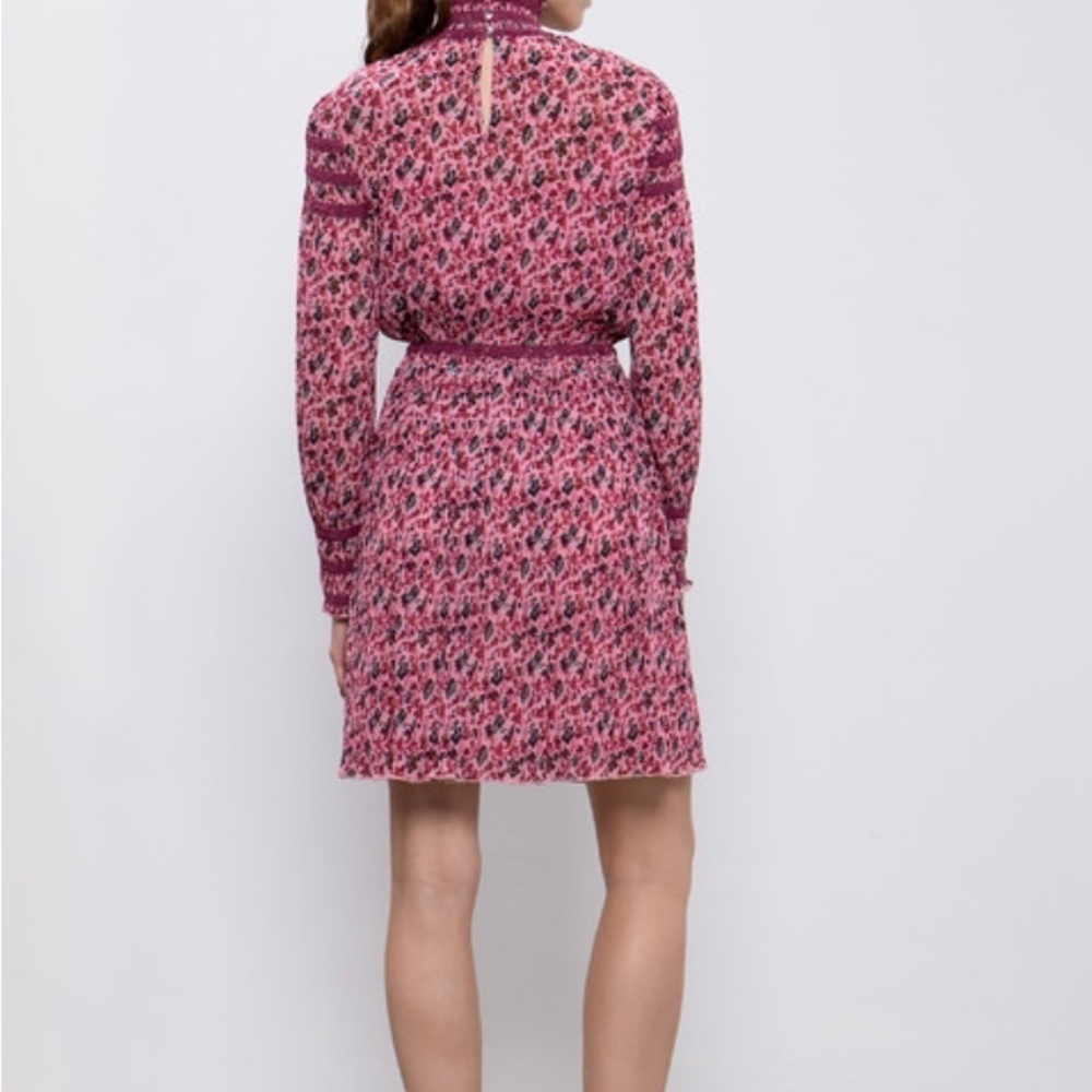 Zac Posen Pink Floral Long Sleeve Mock Neck Dress Size 0 Fit & Flare Boho Chic - Picture 7 of 8